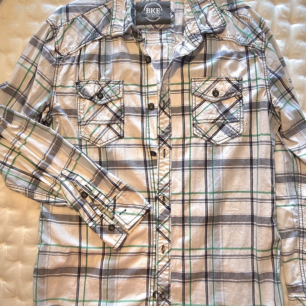 BKE Men's Casual Plaid Shirt - White, Green, and Gray